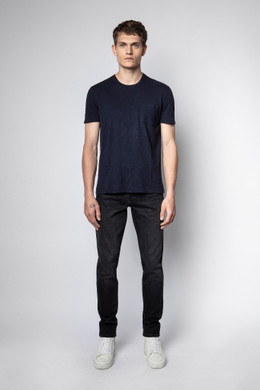Mens Designer Navy Blue Cotton Short Sleeve T-shirt with Round Neck