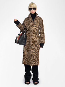 Womens Designer Long Coat with Leopard Print in Canvas