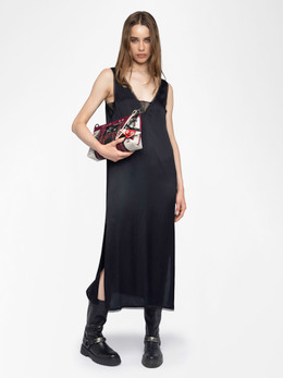 Womens Designer Long Maxi Satin Dress in Black with Lace Detail