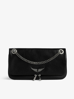 Womens Designer Iconic Clutch Bag in Black Grained Leather with Eyelets and Chain