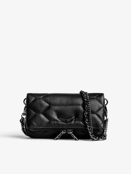 Rock Nano Mini Clutch Bag in Black Noir Leather with Quilted Effect and Double Chain