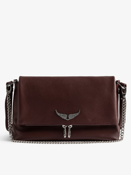 Womens Designer Iconic Handbag in Burgundy Grained Leather with Wing Detail and Chain