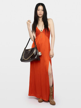 Womens Designer Tangerine Orange Maxi Dress in Japanese Satin