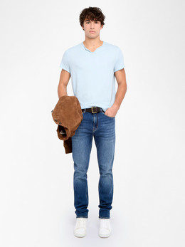 Mens Designer Short Sleeve Tee with Henley Neckline in Blue