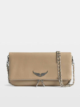 Womens Designer Iconic Clutch Bag with Wing Motif and Double Chain in Clay Colour