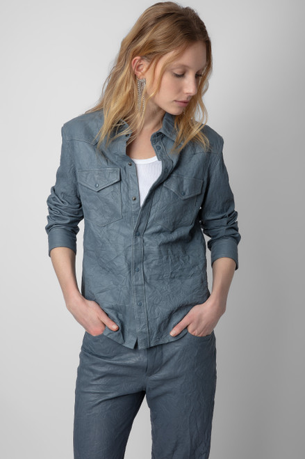 Women's Designer Blue Leather Shirt