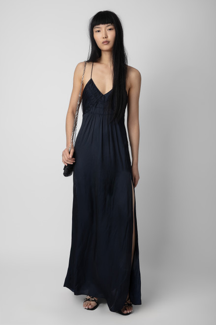 Women's Designer Navy Satin Maxi Dress