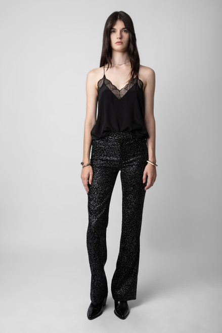 Zadig & Voltaire Womens Designer Black Velvet Pant with Glitter Leopard Motif