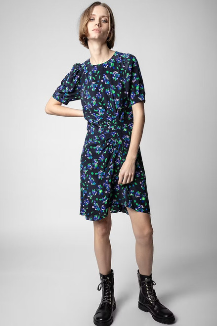 Zadig & Voltaire Womens Designer Blue Silk Mini Dress with Floral Print