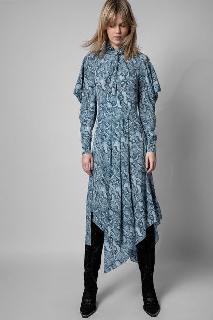 Zadig & Voltaire Womens Designer Blue Silk Midi Dress with Snake Print
