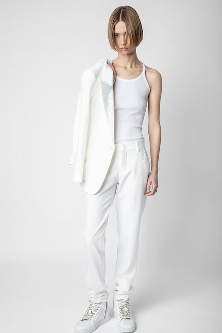 Zadig & Voltaire Womens Designer Tailored Pants in Off White with Rhinestone Embellishments