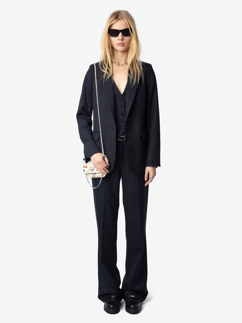 Womens Designer Navy Wool Tailored Suit Jacket with Pointed Collar