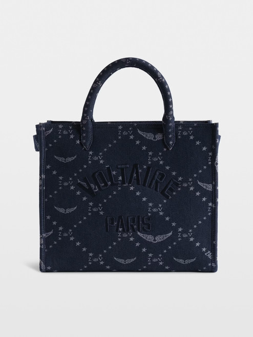 Womens Designer Iconic Tote Handbag in Blue Denim with Monogrammed Motif