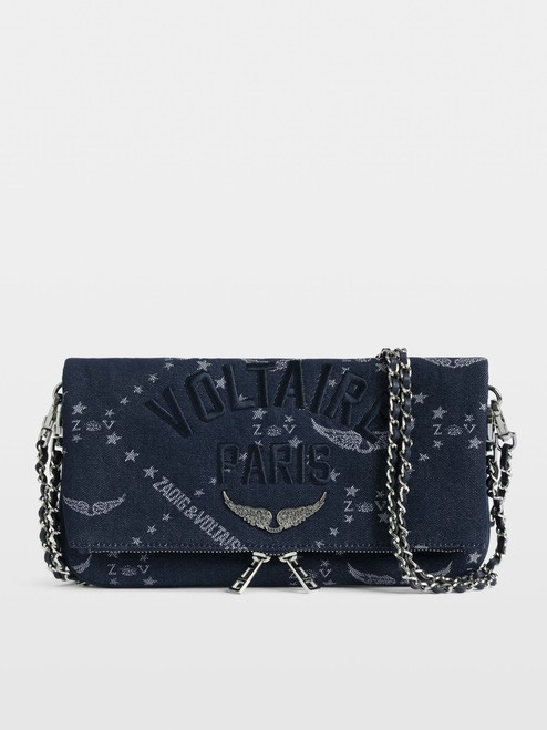 Womens Designer Navy Denim Handbag Clutch with Monogram Motif and Double Chain