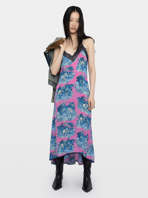 Womens Deisgner Iconic Lingerie Midi Dress in Jungle Print with Lace Detail