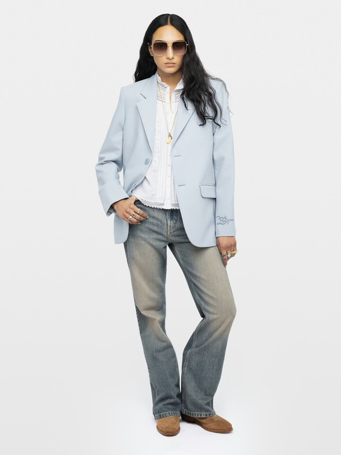 Designer Womens Blue Tailored Suit Jacket with Buttons and ZV Stitch