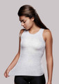 Girl wearing Grey Ionic+® Knit-Rite Lightweight Torso Interface V-Neck Tank