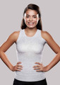 Girl wearing Grey Ionic+® Knit-Rite Lightweight Torso Interface V-Neck Tank with Left Axilla Flap in [Grey/Ionic+®]