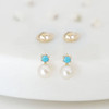 Baby Pearl and turquoise earrings screw back | 14K gold