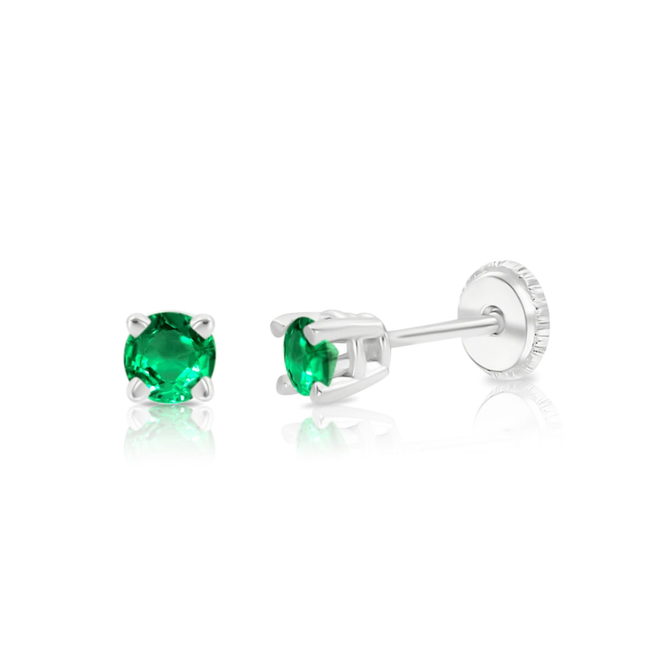 May Birthstone Baby Earrings - Emerald | 14K White Gold