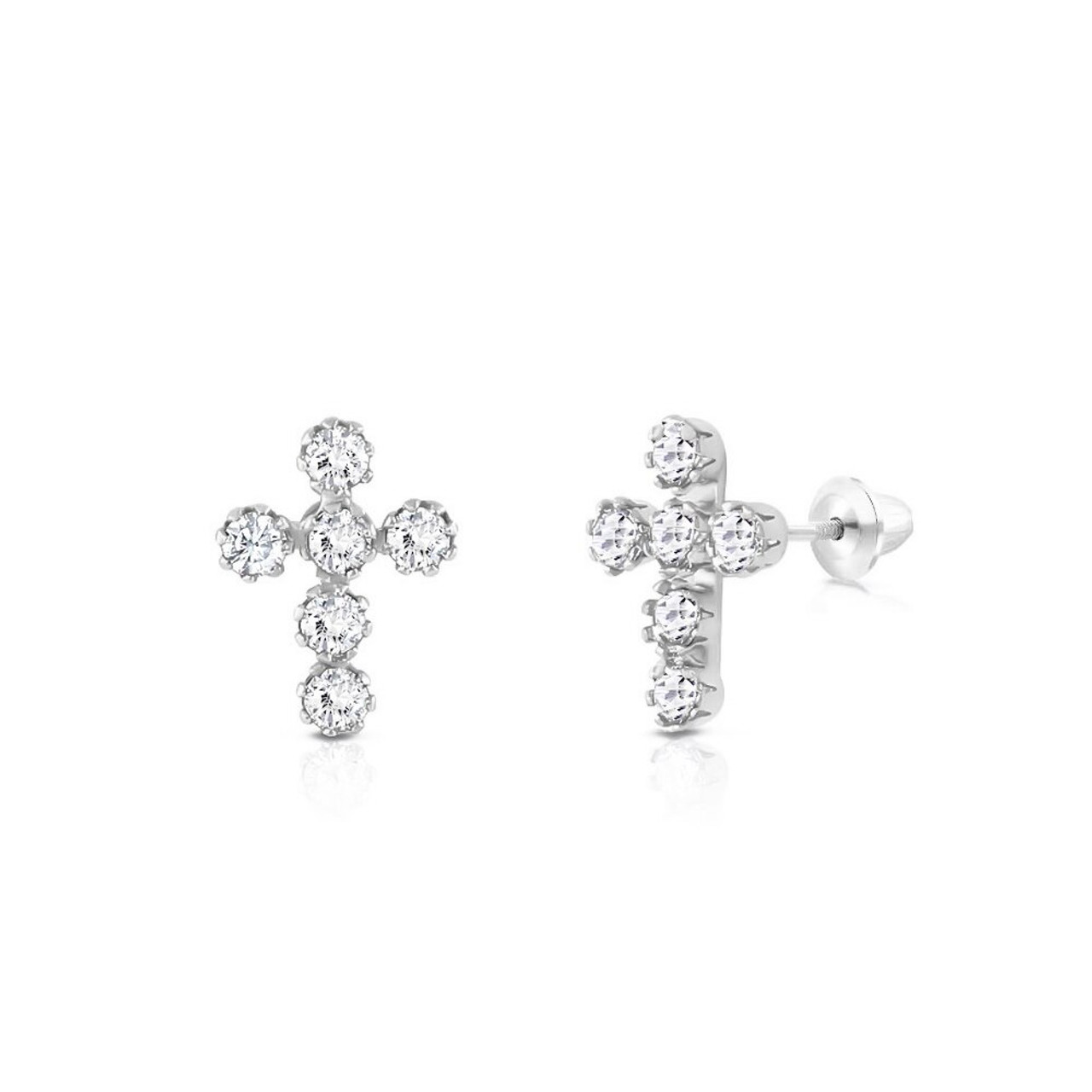 Girls Cross & CZ Earrings Screw Back | 14K White Gold - The