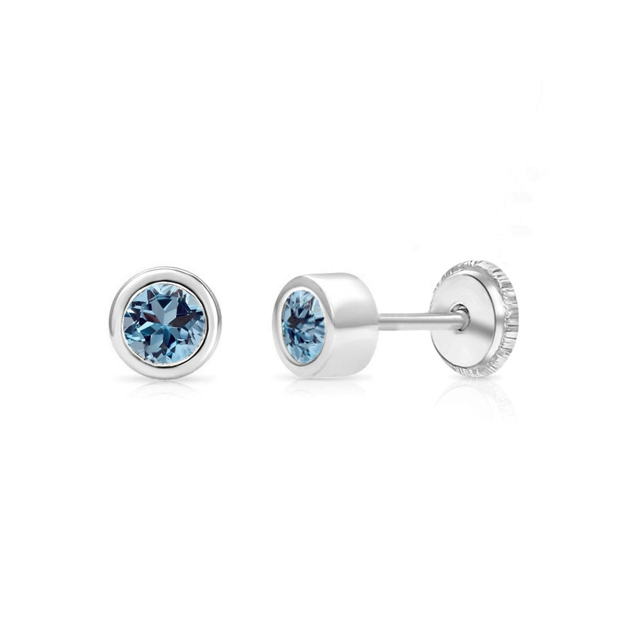 March Birthstone Bezel Set Earrings - Genuine Aquamarine | 14K White Gold