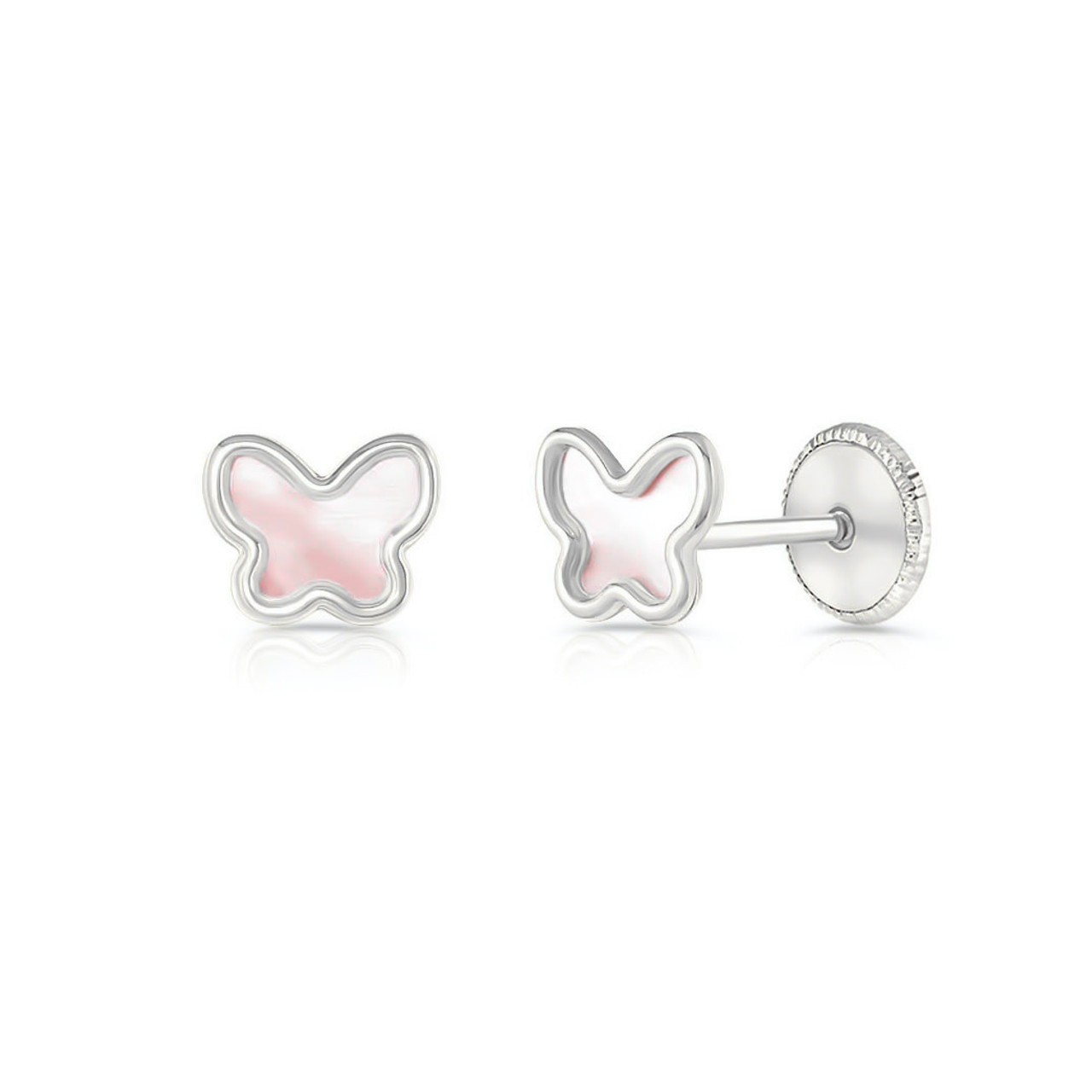 Baby Butterfly Mother of Pearl Earrings Screw Back - Pink | 14K White Gold