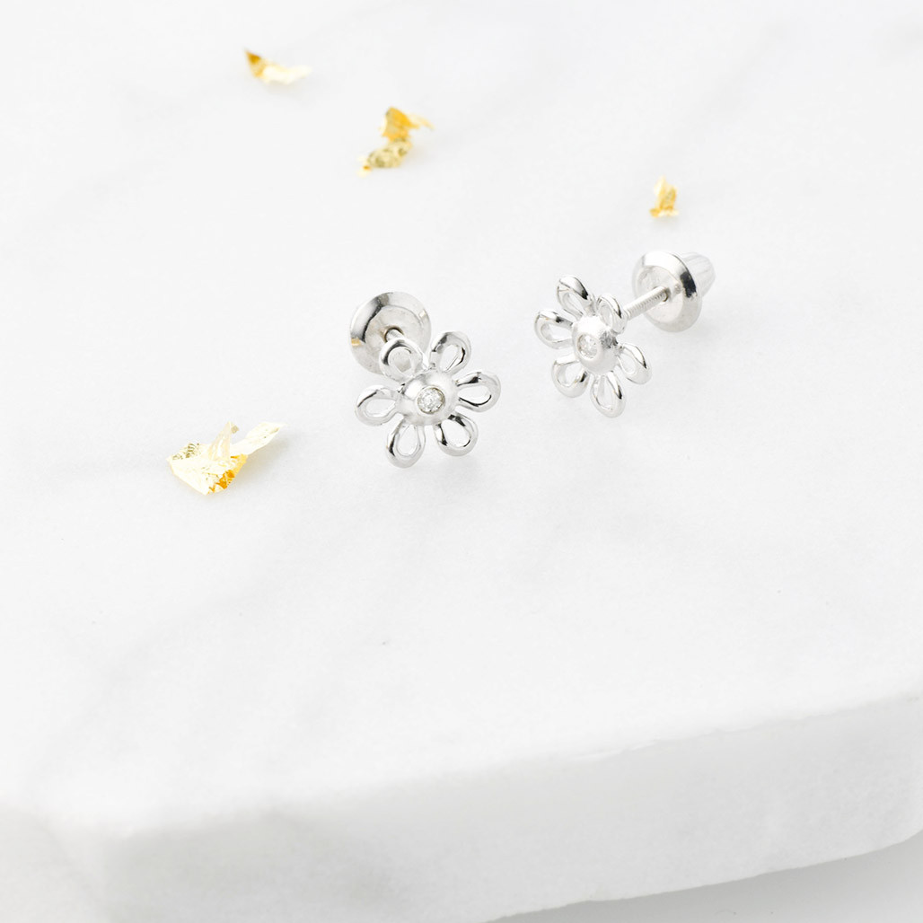 Girls Flower Earrings w/Diamond Accent Screw Back Silver The