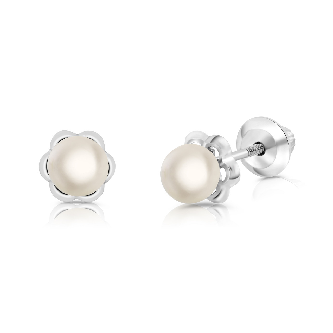 Sterling Silver Screw-Back White Pearl Childrens Earrings