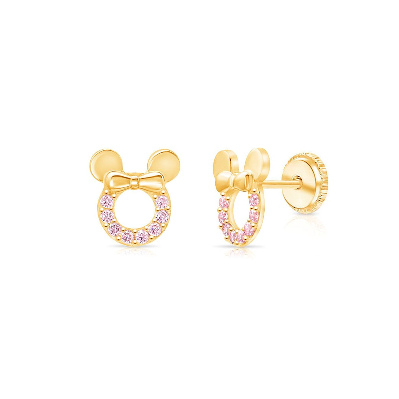 Miss Mouse Baby/Kids CZ Screw Back Earrings - Pink | 14K Gold