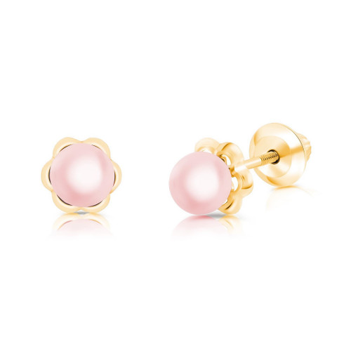 Girls pink pearl screw back earrings | 14k gold