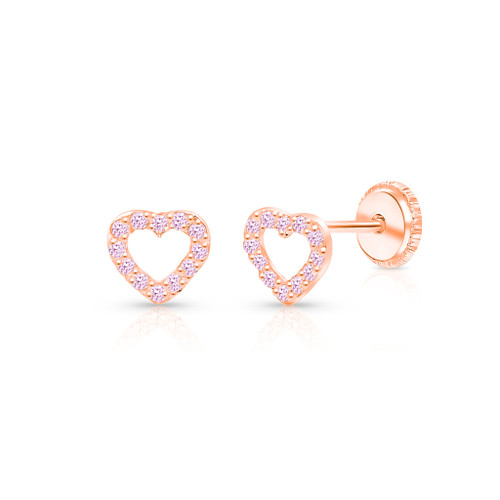 Baby pink heart earrings screw back | 14K rose gold