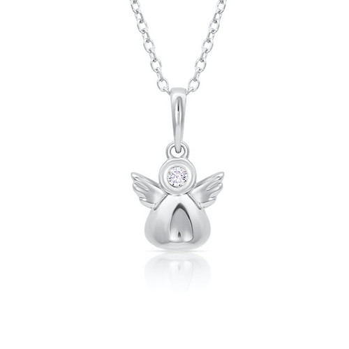 Guardian Angel Girls Necklace w/Genuine Diamond | 14K White Gold