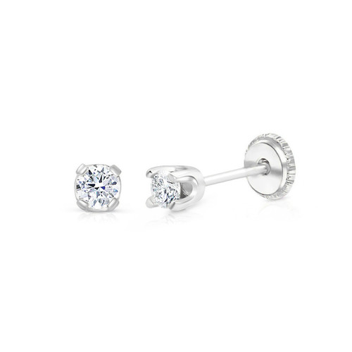 Tiny 18K White Gold Open Heart CZ Screw Back Earrings - The Jewelry Vine