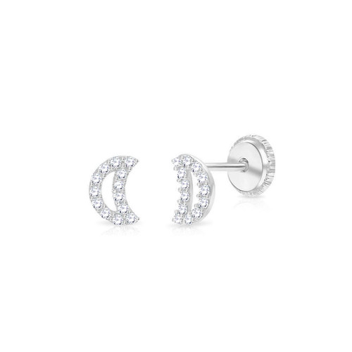 Baby CZ pave moon earrings| Screw back | 14k White Gold