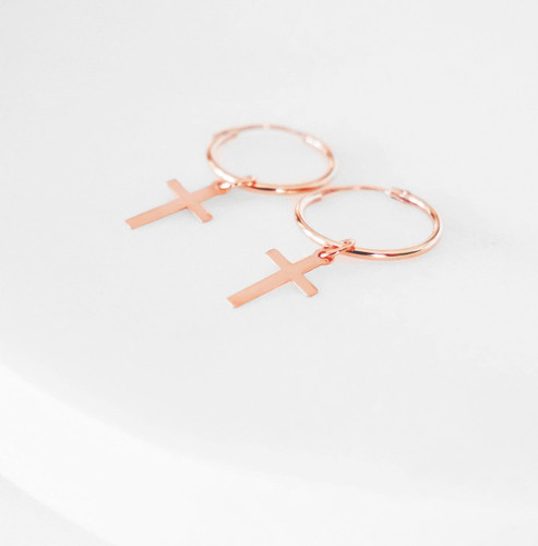 14k Rose Gold Hoop Earrings w/Cross