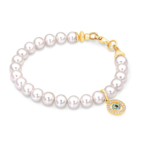 Baby/Girls Pearl Bracelet with Evil Eye Charm 14k Gold