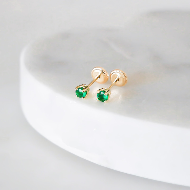 May Birthstone Baby Earrings - Genuine Emerald | 14K Gold