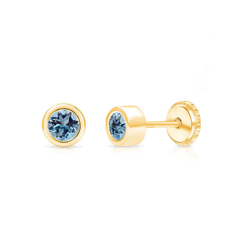 Girls Aquamarine Bezel Set Earrings | 14K Gold | March Birthstone