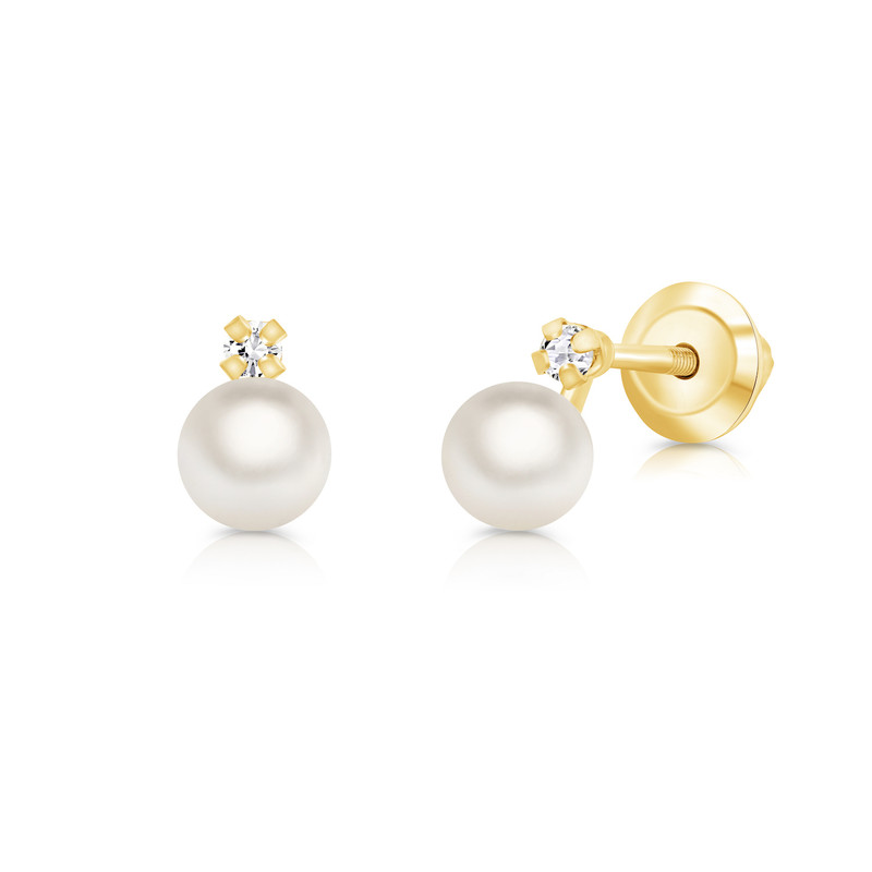 Girls Earrings Pearl Drop w/Diamond Accent | 14K Gold