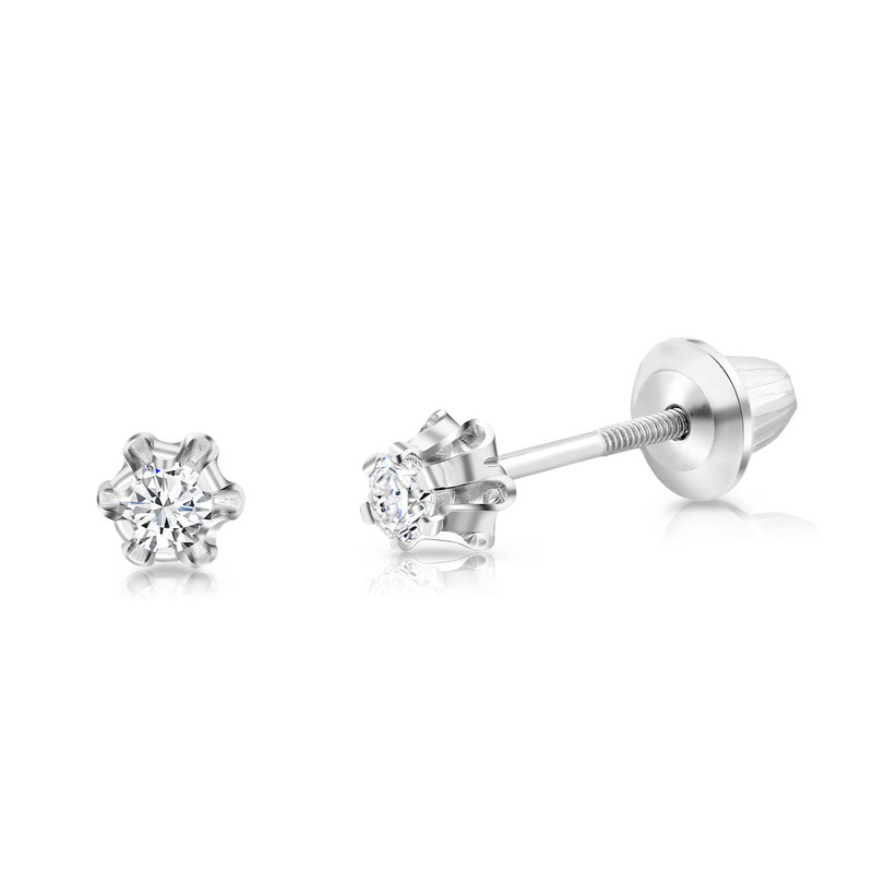 Girls Diamond Screw Back Earrings 14K White Gold