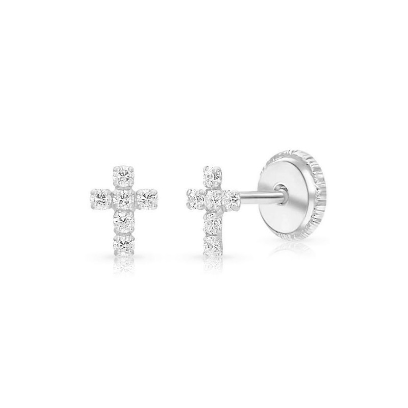 Baby cross earrings screw back | 14K white gold