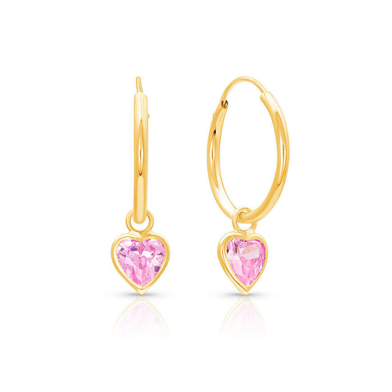 Girls hoop earrings w-pink CZ heart | 14k Gold