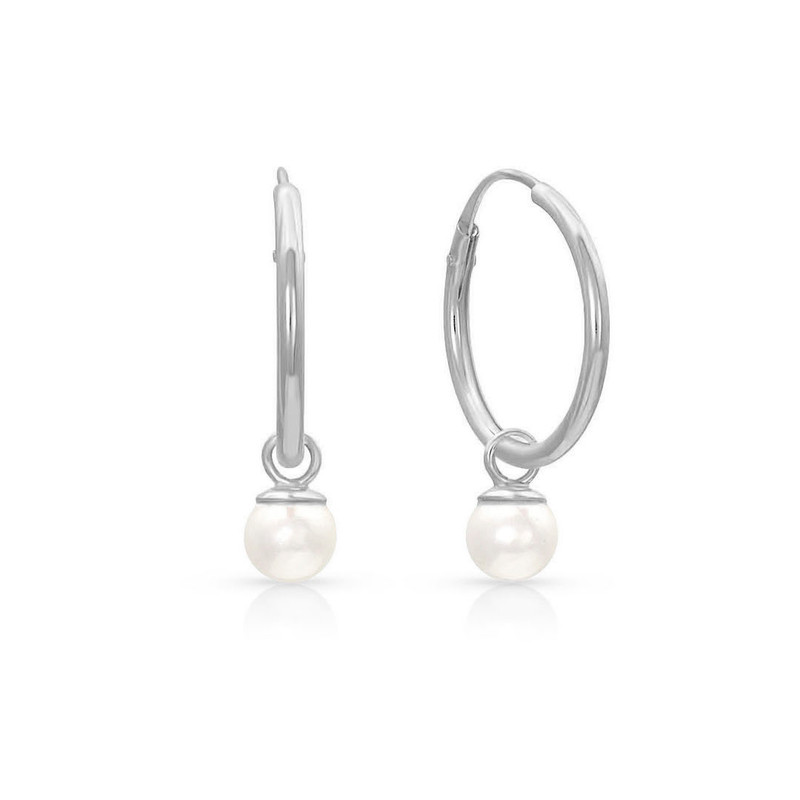 Kids hoop earrings w-pearl | 14k White Gold