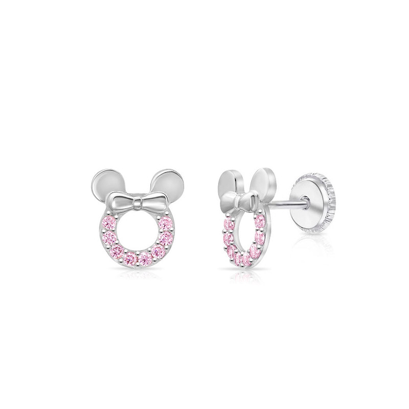 Kids/Girls mouse screw back earrings - pink | 14k white gold