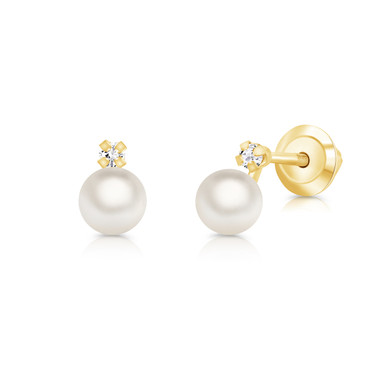 14K Gold-plated White Pink Austrian Pearl Earrings for Girls, Screw Safety  Back Baby Earrings, Toddler Stud Earrings, Little Girl Jewelry 