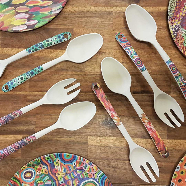 Boxed bamboo salad servers with designs by Australian Aboriginal artists