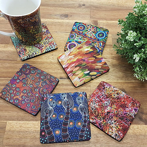 Neoprene Coasters to keep your furniture safe! Made in Australia and featuring the designs of Aboriginal artists from Central Australia