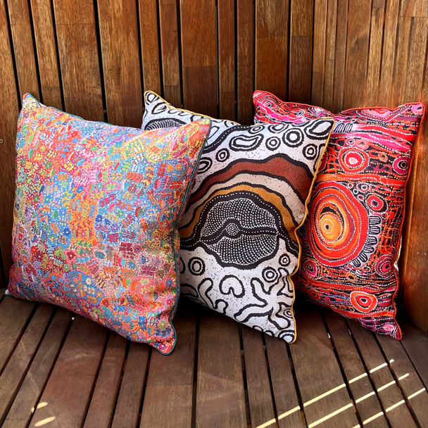 Double sided outdoor cushion covers featuring the designs of Aboriginal artists from Central Australia