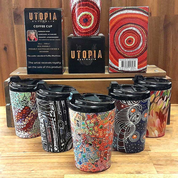 Double walled stainless steel coffee cups featuring designs by Indigenous artists from Central Australia